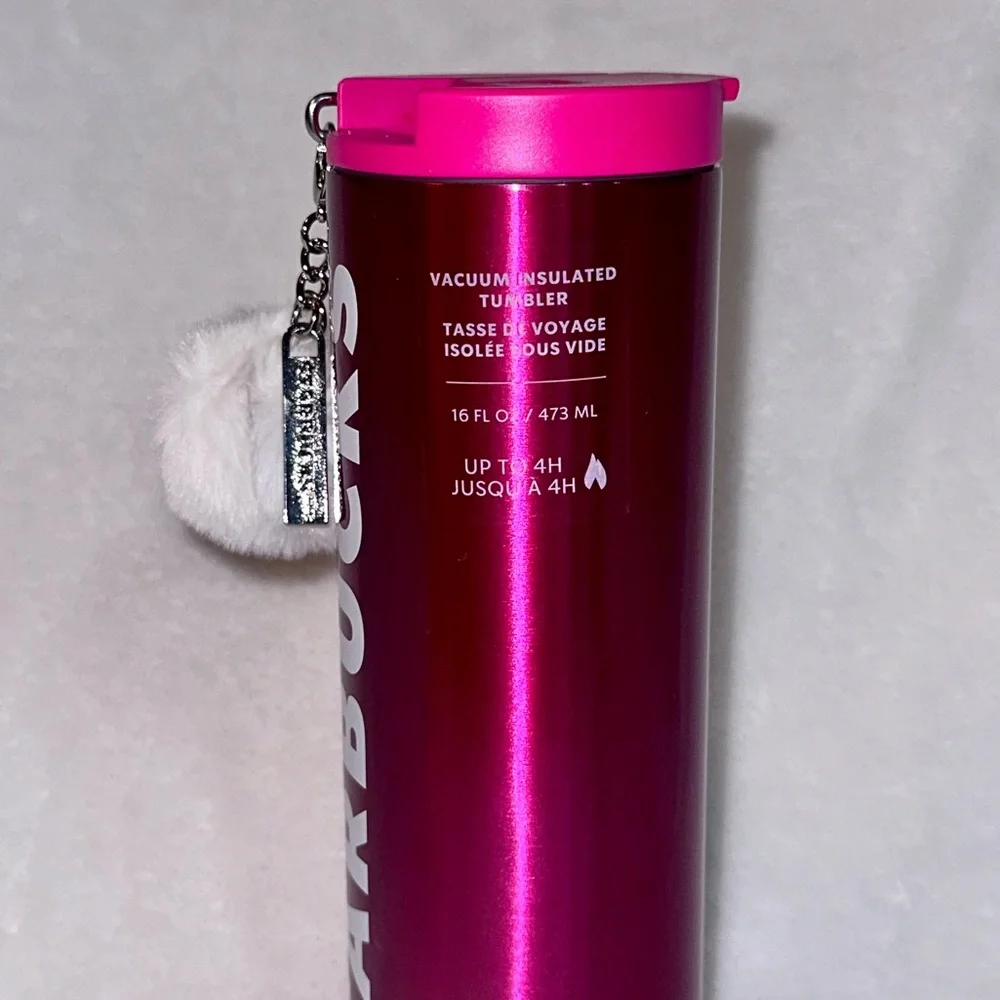 Starbucks Holiday 2023 Pink Tumbler with Pom Pom Charm Keychain 16 oz